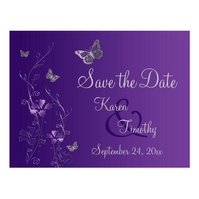 Purple, Silver Butterflies Save the Date Postcard