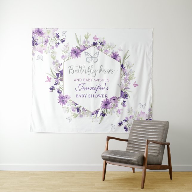 Purple silver butterfly baby shower tapestry (In Situ (Horizontal))