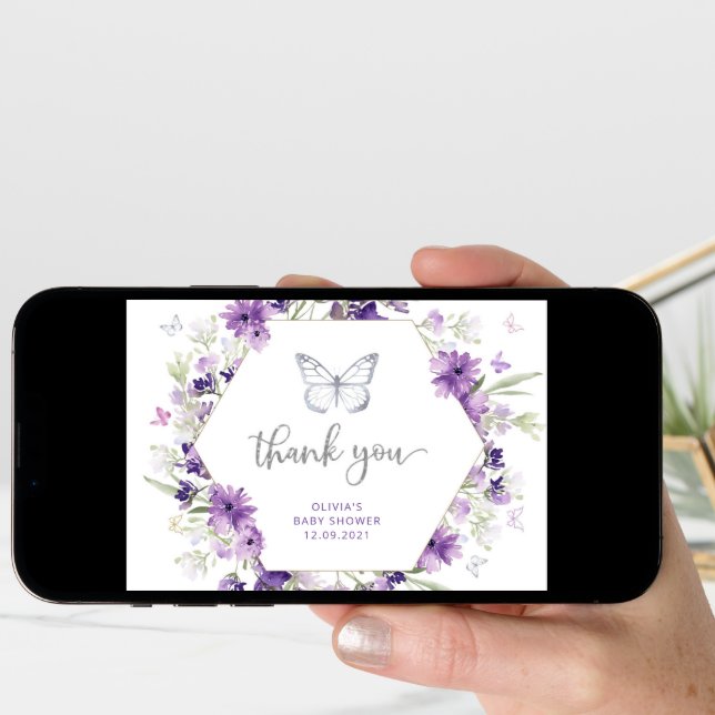 Purple silver butterfly baby shower thank you card (Front Digital)
