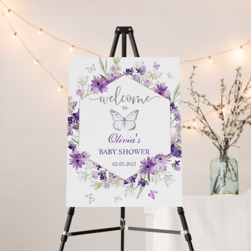 Purple silver butterfly baby shower welcome