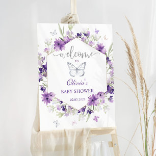 Purple silver butterfly baby shower welcome foam board