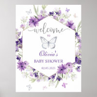 Purple silver butterfly baby shower welcome poster
