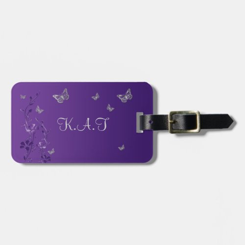 Purple Silver Butterfly Floral Luggage Tag