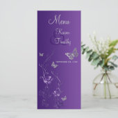 Purple Silver Butterfly Floral Menu Card (Standing Front)