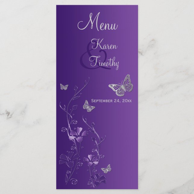 Purple Silver Butterfly Floral Menu Card (Front)