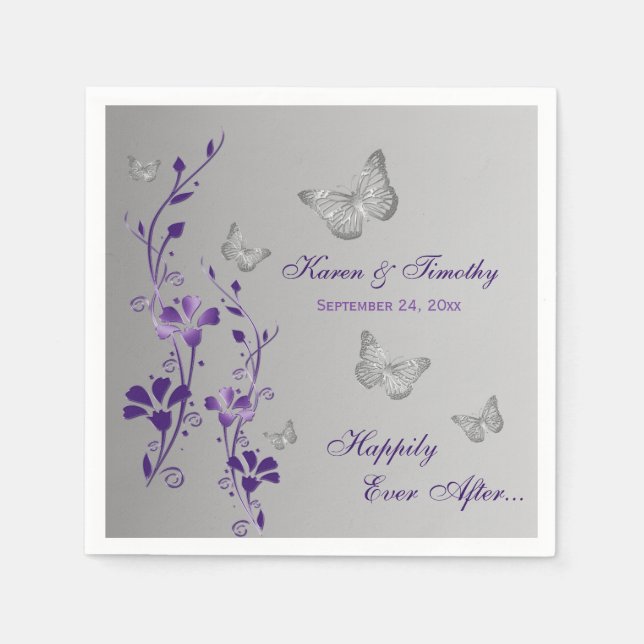 Purple Silver Butterfly Floral Paper Napkins 2 (Front)
