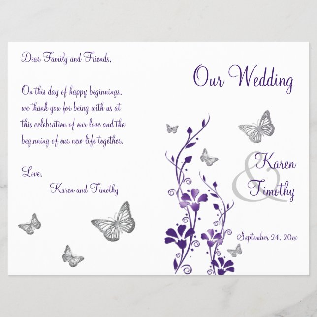Purple Silver Butterfly Floral Wedding Program (Front)