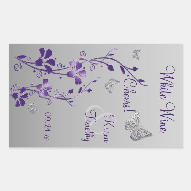 Purple, Silver Butterfly Floral Wine Label Sticker (Front)