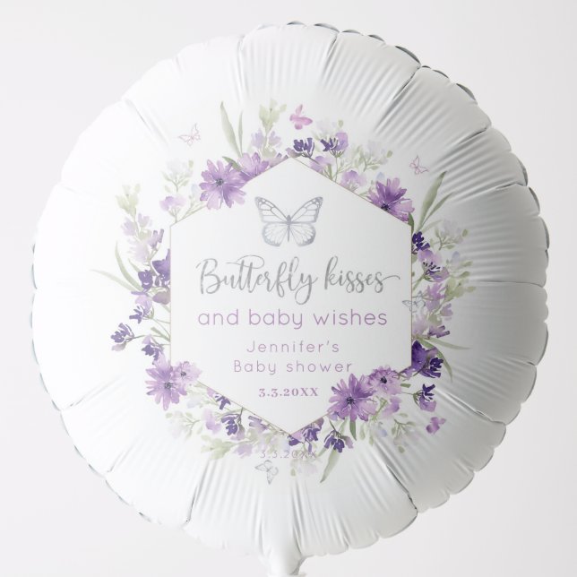 Purple silver Butterfly kisses baby shower Balloon (Front)