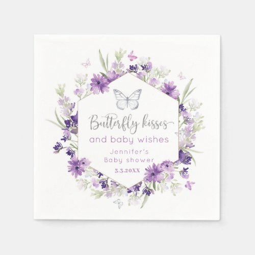 Purple silver Butterfly kisses baby shower Napkins