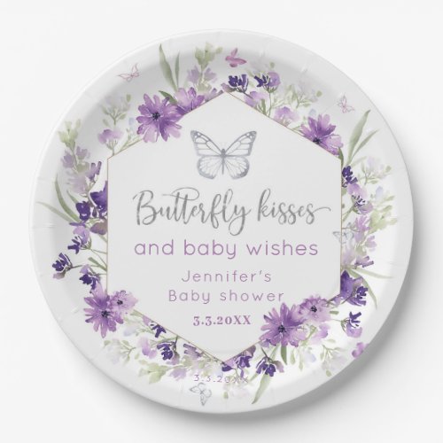Purple silver Butterfly kisses baby shower Paper Plates