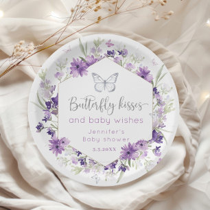 Purple silver Butterfly kisses baby shower Paper Plates