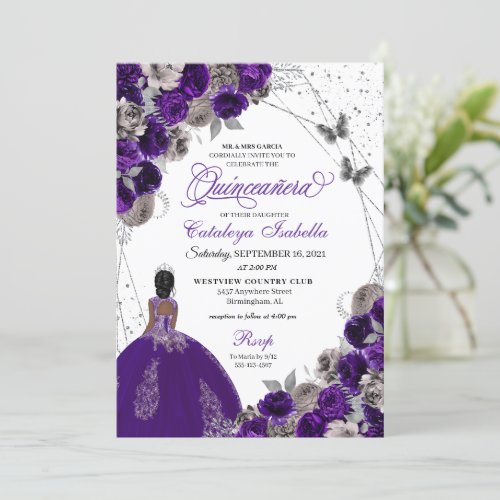 Purple  Silver Butterfly Princess Quinceanera Invitation