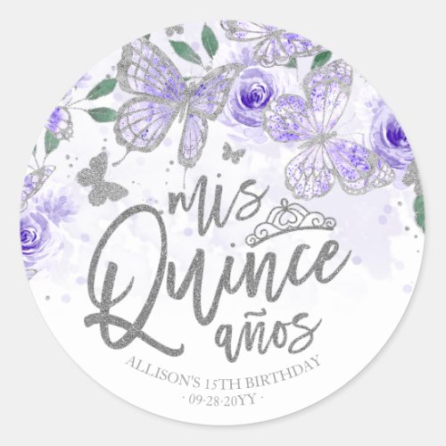 Purple Silver Butterfly Quinceanera Classic Round Sticker