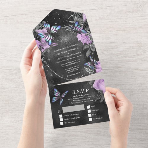 Purple silver butterfly shimmer black rose chic  all in one invitation