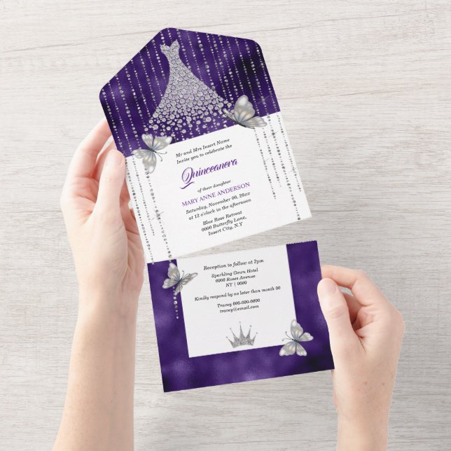 Purple silver butterfly sparkling gown birthday all in one invitation (Tearaway)