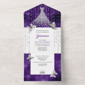 Purple silver butterfly sparkling gown birthday all in one invitation (Inside)