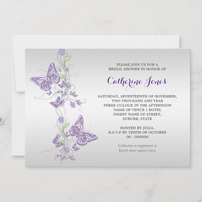 Purple silver butterfly swirl invitation (Front)