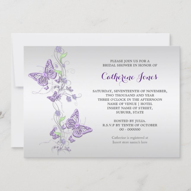 Purple silver butterfly swirl invitation (Front)
