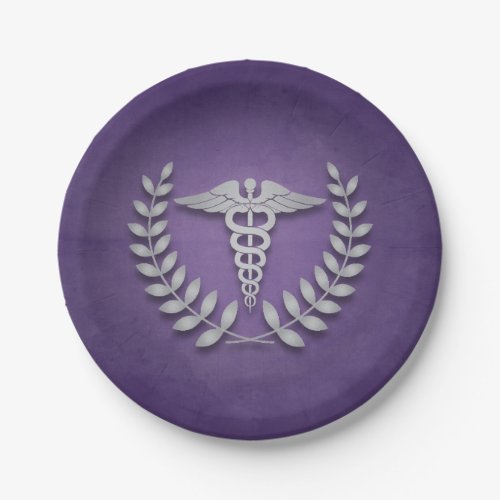 Purple  Silver Caduceus Medical Doctors Party Paper Plates