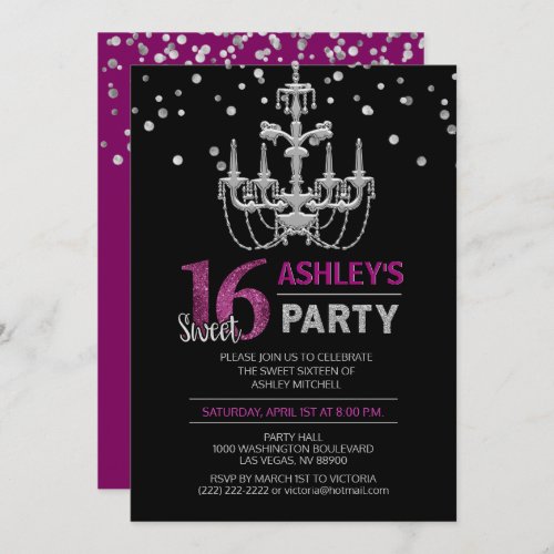 Purple Silver Chandelier SWEET SIXTEEN 16 Party Invitation