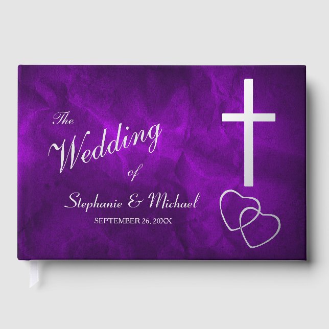 Purple Silver Christian Cross Hearts Wedding Foil Guest Book (Front)