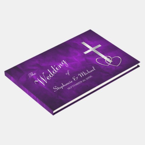 Purple Silver Christian Cross Wedding Guest Book