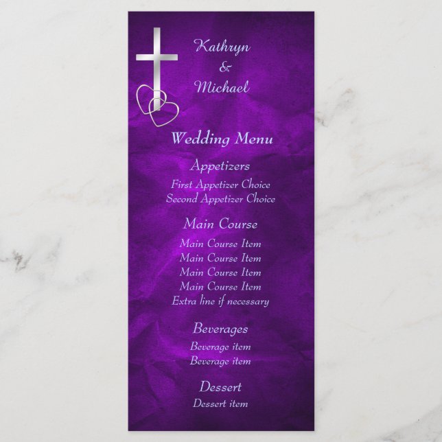 Purple Silver Christian Cross Wedding Menu (Front)