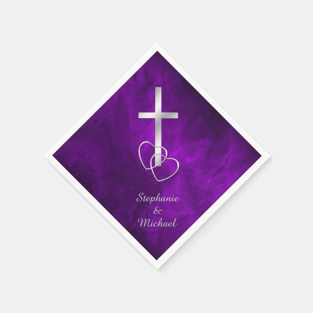 Purple Silver Christian Cross Wedding Paper Napkins (Corner)