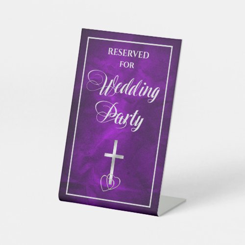 Purple Silver Christian Cross Wedding Party Pedestal Sign