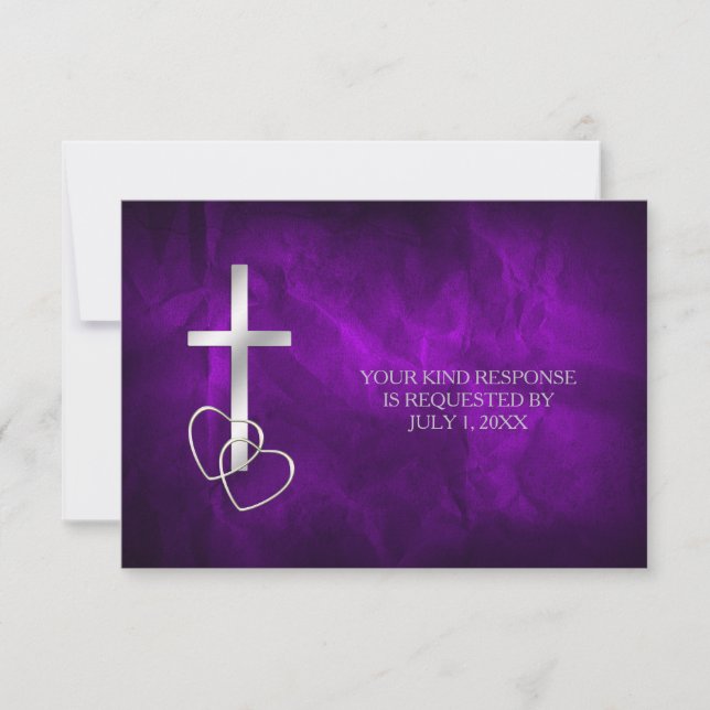 Purple Silver Christian Cross Wedding RSVP Card (Front)