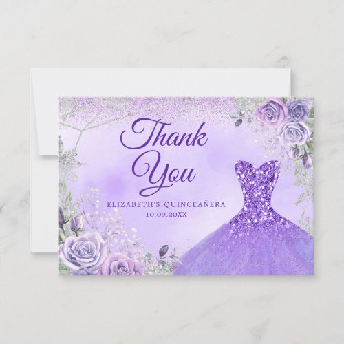 Purple Silver Christmas Snowflake Mis Quince Thank You Card