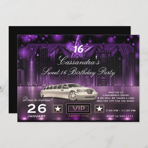 Purple  Silver City Lights Limo Birthday Party Invitation