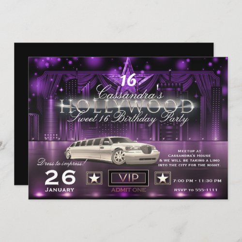 Purple  Silver City Lights Limo Hollywood Party Invitation