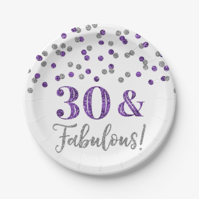 Purple Silver Confetti 30 and Fabulous Paper Plates (Front)