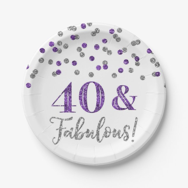 Purple Silver Confetti 40 and Fabulous Birthday Paper Plates (Front)
