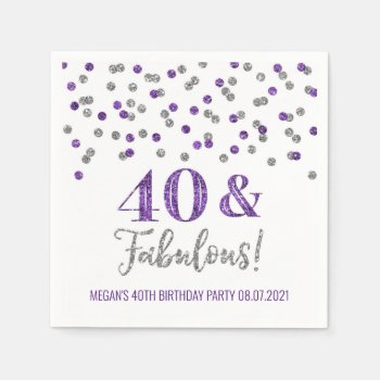 Purple Silver Confetti 40 & Fabulous Birthday Napkins by DreamingMindCards at Zazzle