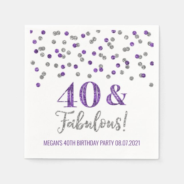 Purple Silver Confetti 40 & Fabulous Birthday Napkins (Front)