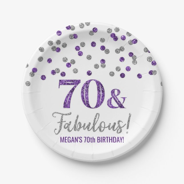 Purple Silver Confetti 70 and Fabulous Birthday Paper Plates (Front)