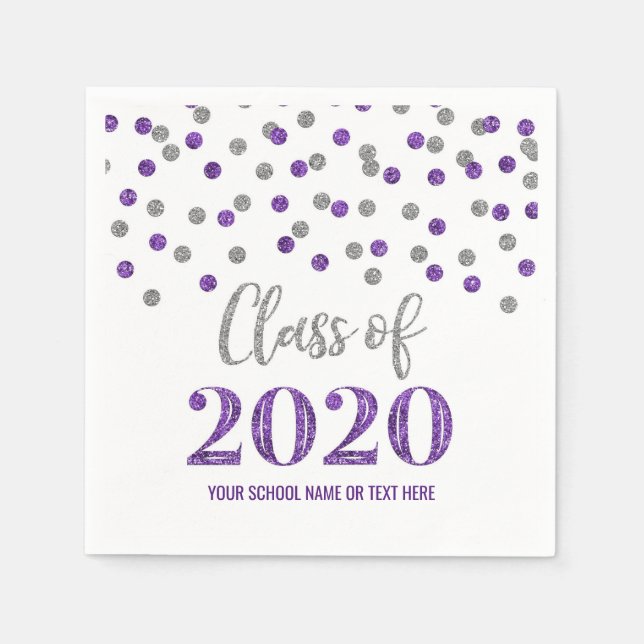 Purple Silver Confetti Class of 2020 Graduation Napkins (Front)