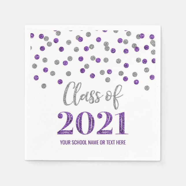 Purple Silver Confetti Class of 2021 Graduation Napkins (Front)