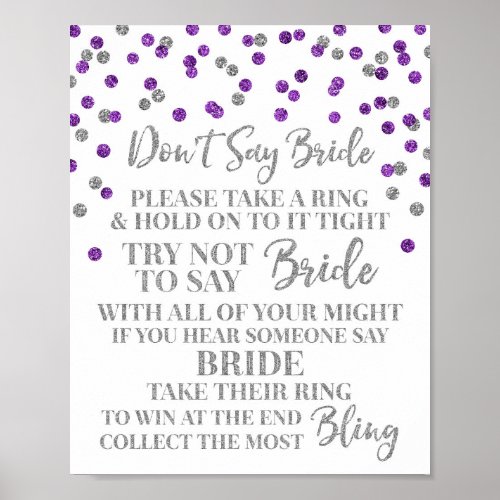 Purple Silver Confetti Dont Say Bride Game Sign