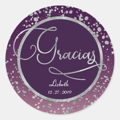 Purple Silver Confetti Gracias Glam Gift Thank You Classic Round Sticker