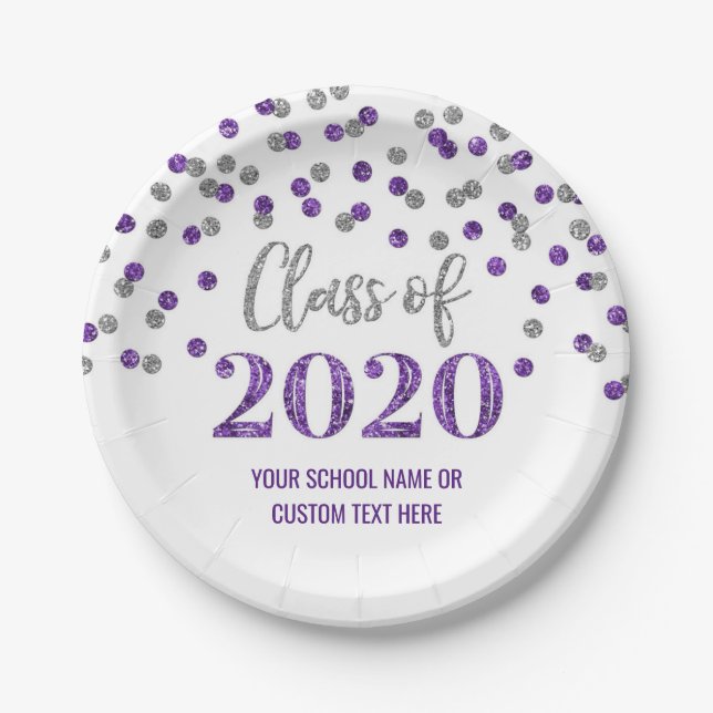 Purple Silver Confetti Graduation 2020 Paper Plates (Front)