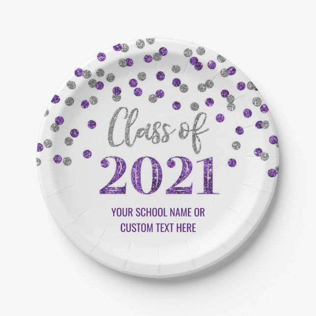 Purple Silver Confetti Graduation 2021 Paper Plates (Front)