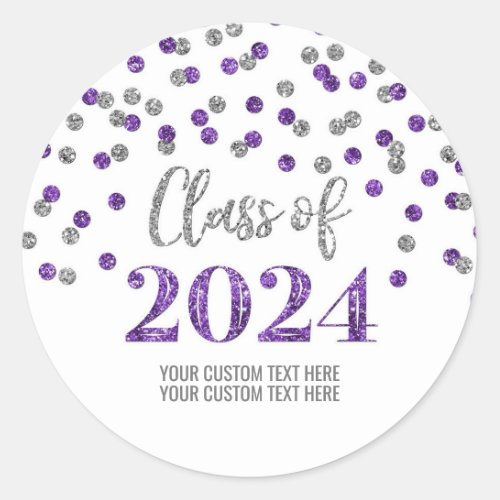 Purple Silver Confetti Graduation 2024 Classic Round Sticker