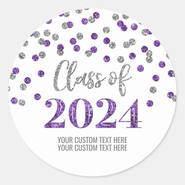 Purple Silver Confetti Graduation 2024 Classic Round Sticker (Front)
