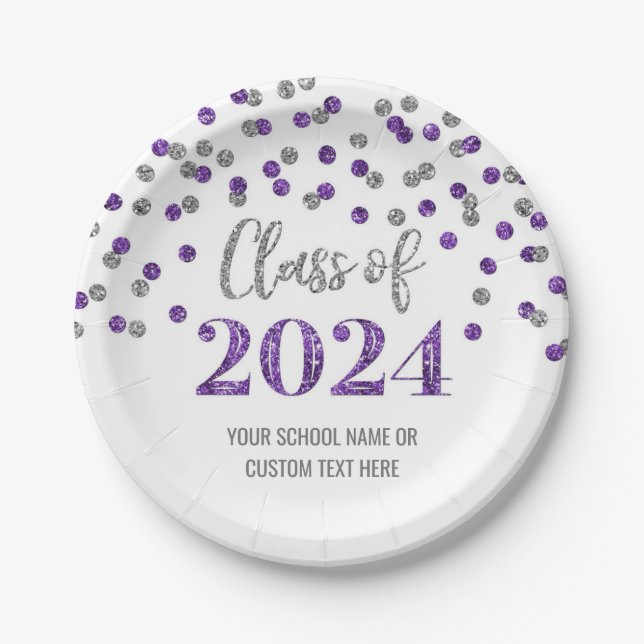 Purple Silver Confetti Graduation 2024 Paper Plates (Front)