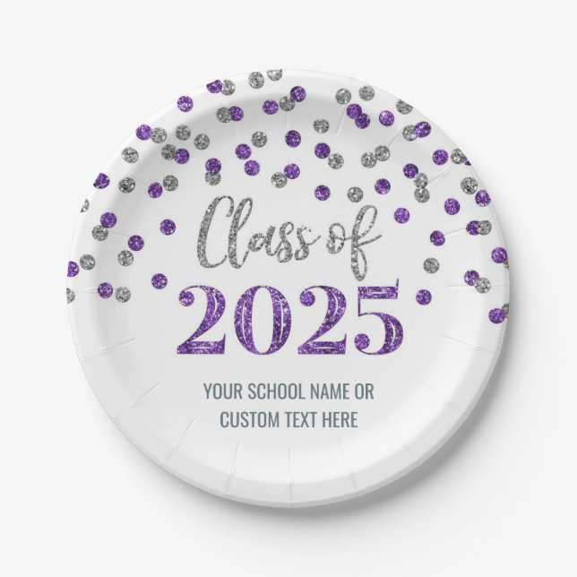 Purple Silver Confetti Graduation 2025 Paper Plates (Front)