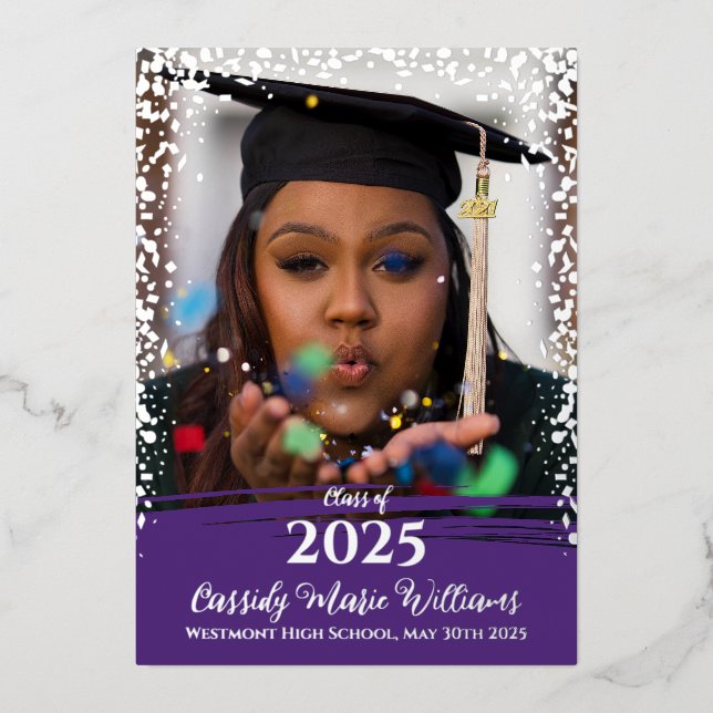 Purple Silver Confetti Graduation Announcement (Front)